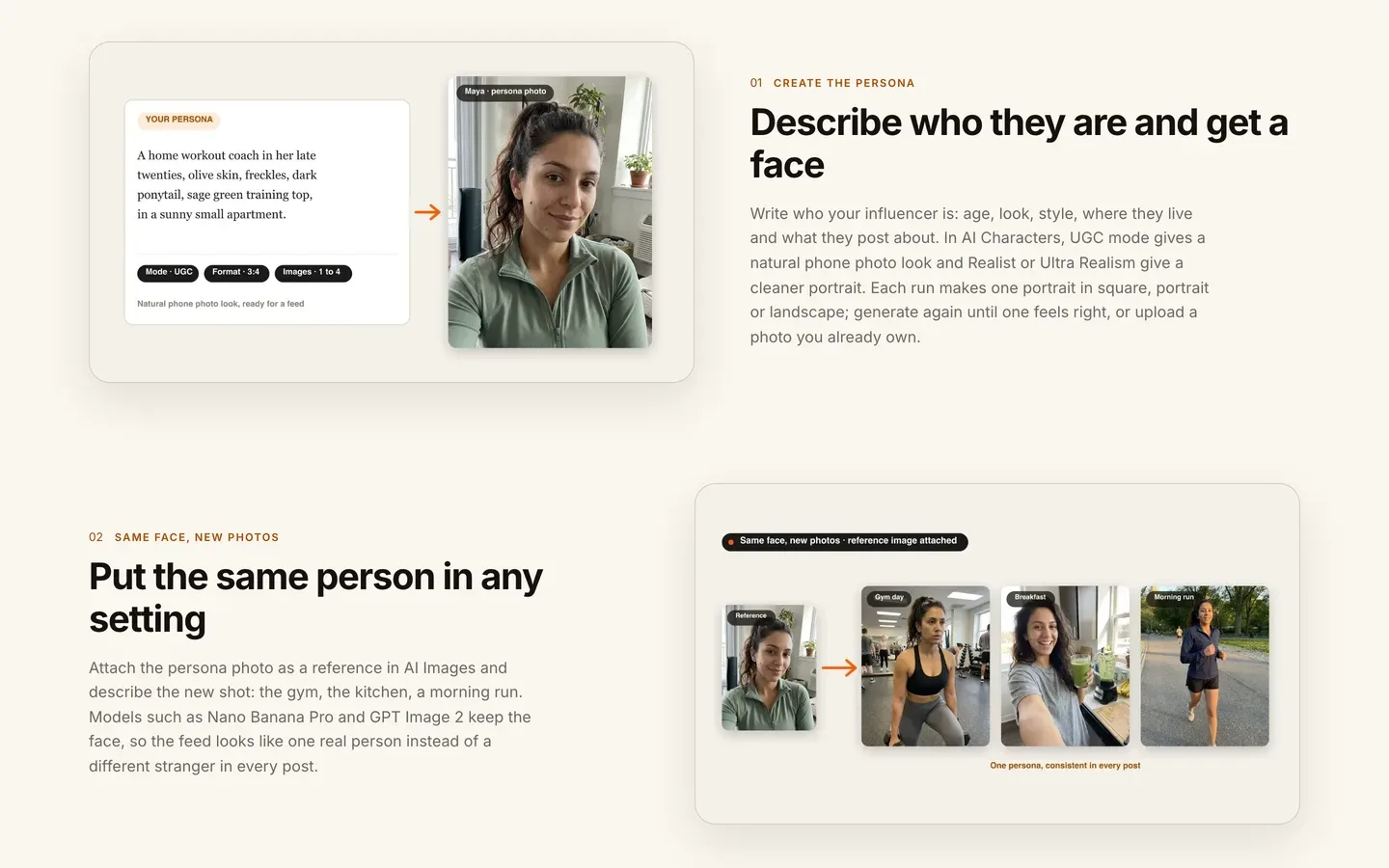 How to create an AI influencer: ClipNova page turning a persona description into a portrait, then new photos of that face