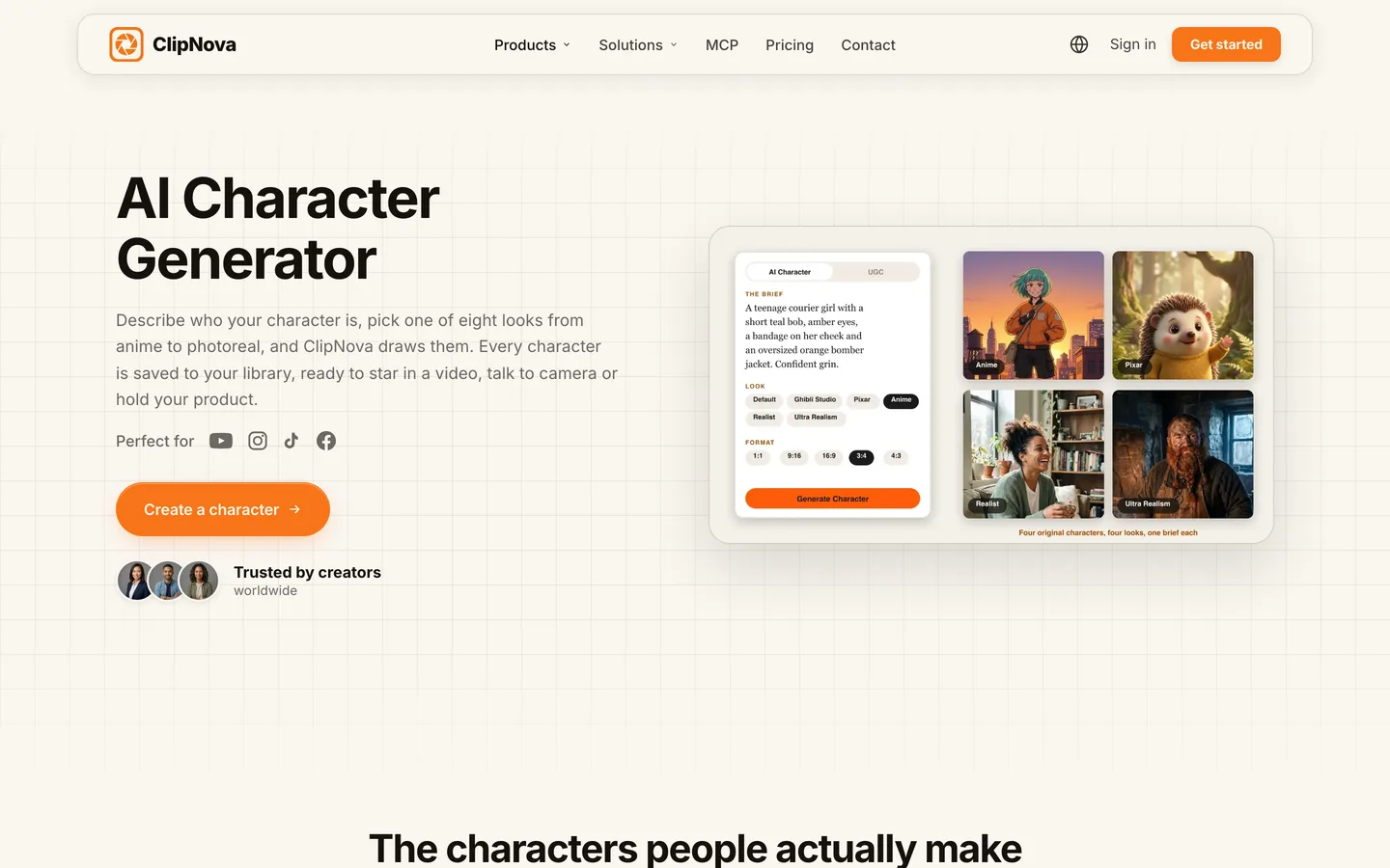 How to keep characters consistent in AI videos: ClipNova's AI Character Generator page with a character brief and four looks