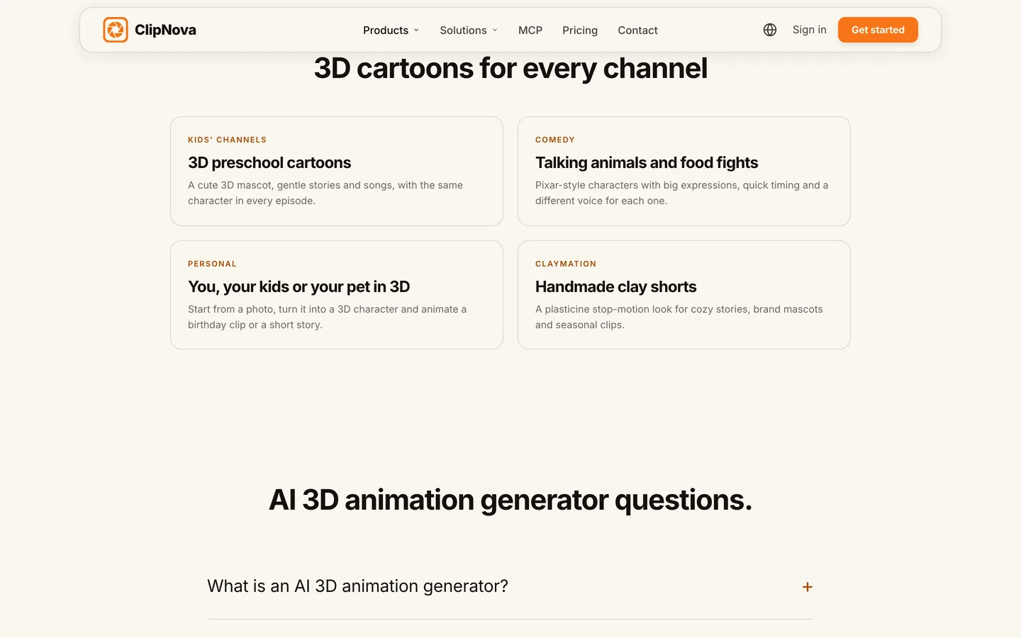 3D animated videos with AI: ClipNova's 3D animation page showing kids, comedy, personal and claymation use cases
