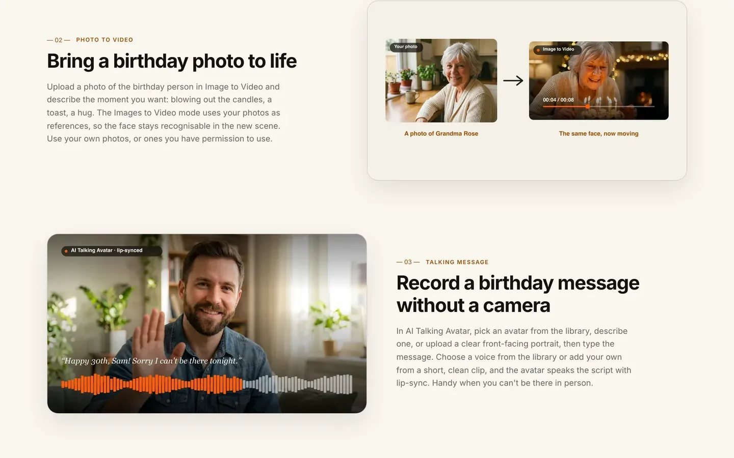How to make a birthday video with AI: ClipNova's photo-to-video and talking-message options on its birthday page