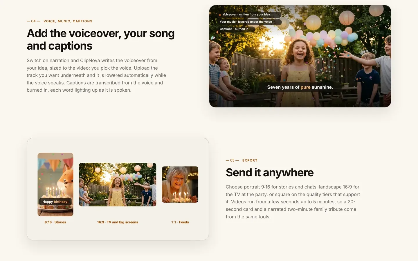 AI birthday video maker steps: ClipNova's voiceover, song and caption step, then 9:16, 16:9 and square exports