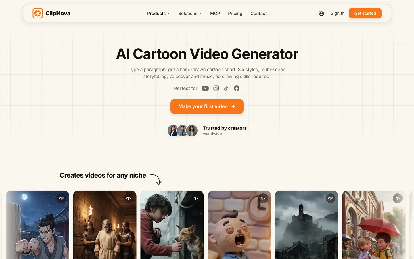 How to make a cartoon series with AI: ClipNova's AI Cartoon Video Generator page with cartoon examples for different niches