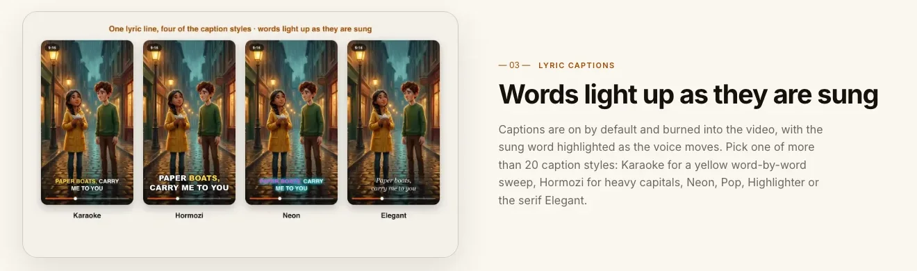 How to make a lyric video with AI: ClipNova caption styles Karaoke, Hormozi, Neon and Elegant on the same lyric line