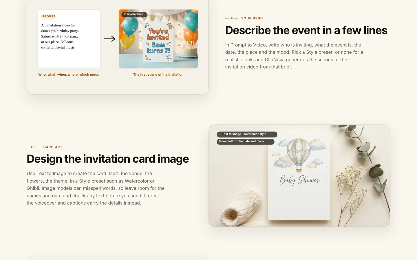 How to make a video invitation with AI: ClipNova's invitation page showing a brief turned into a first scene, then card art