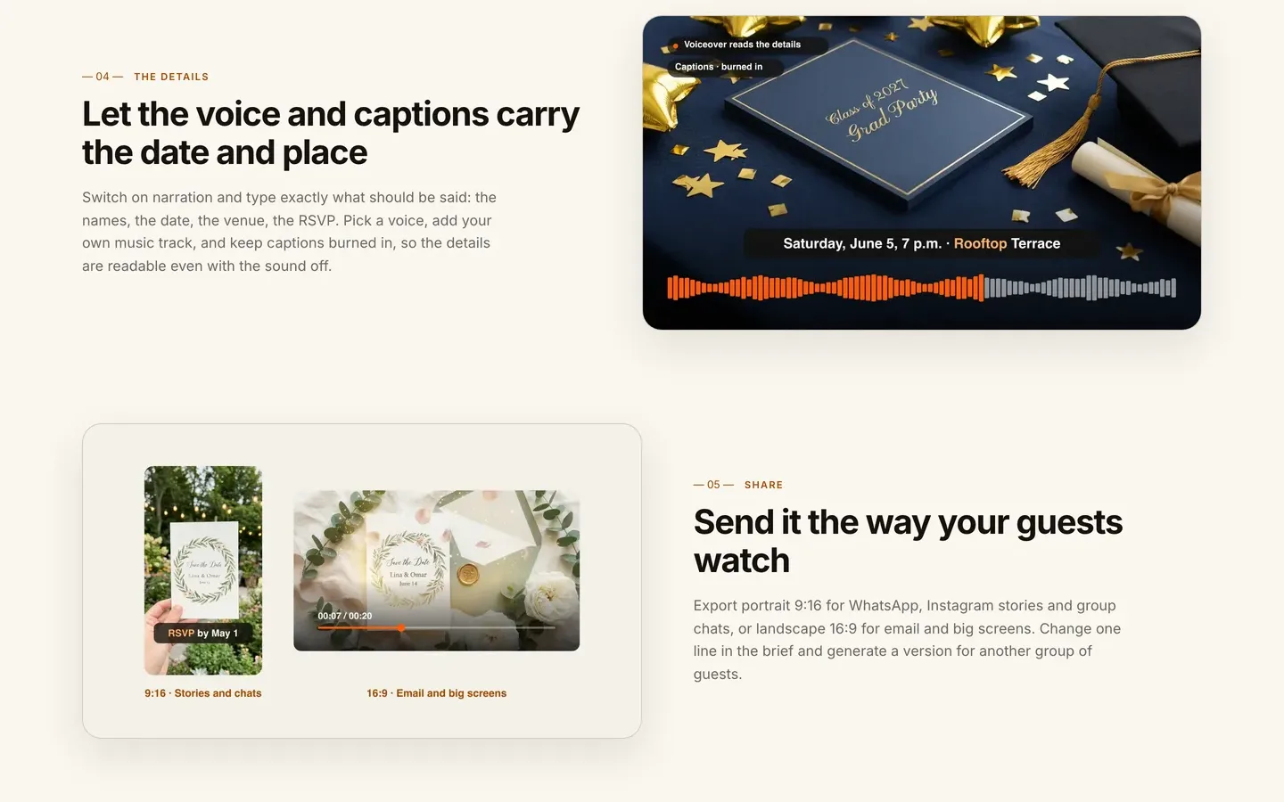 AI video invitation maker steps: ClipNova's voice and captions step with a spoken date line, then 9:16 and 16:9 exports