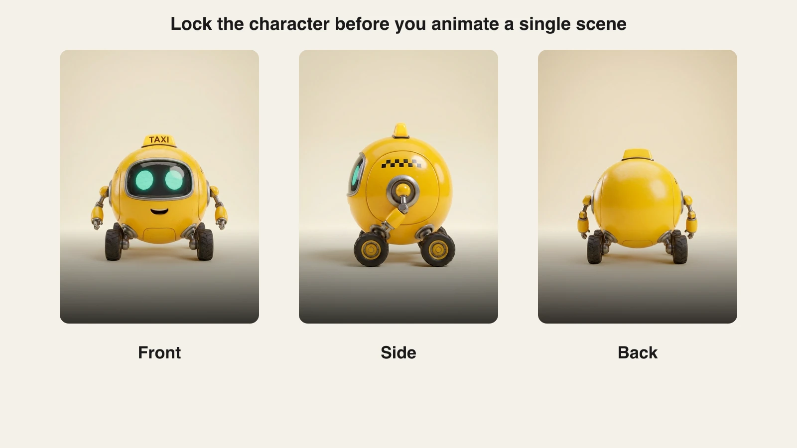 AI animated video character sheet: the robot taxi Tico from the front, side and back on a plain background