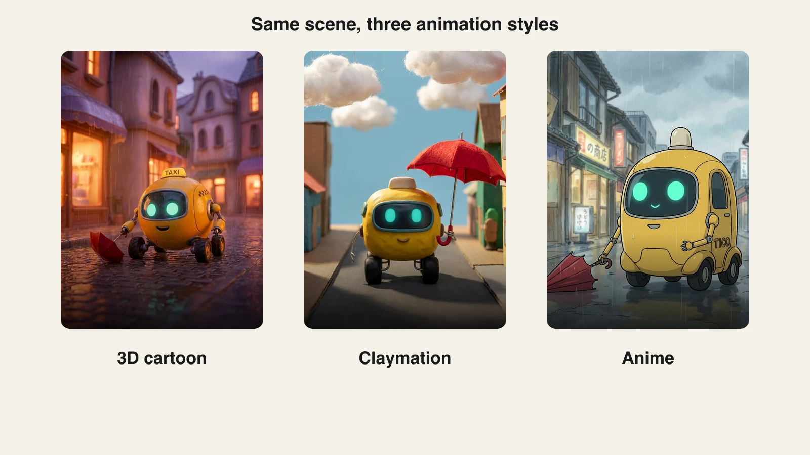How to make AI animated videos: the same robot taxi scene rendered as a 3D cartoon, claymation and anime
