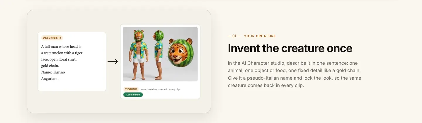 How to make AI brainrot videos: ClipNova's creature step, one sentence turned into a saved character with a locked look