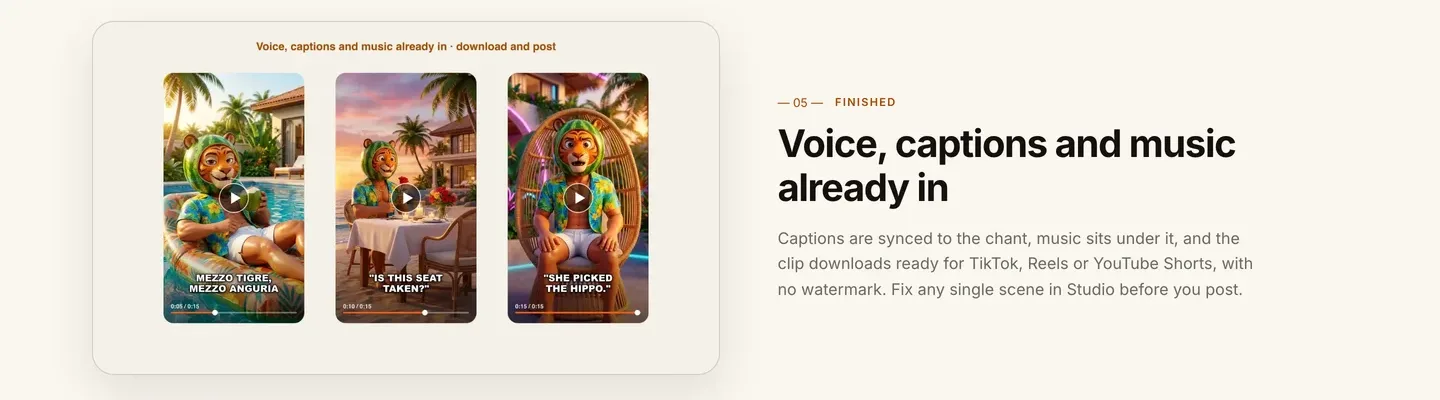 AI brainrot videos in ClipNova: three finished vertical brainrot frames with the voice, captions and music already in