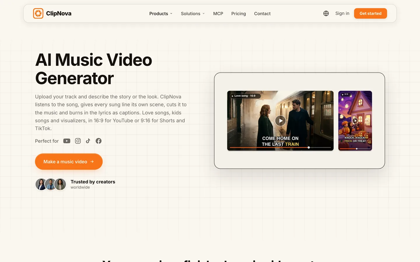 AI dance video with music: ClipNova's music video generator page with a love song and a 9:16 clip