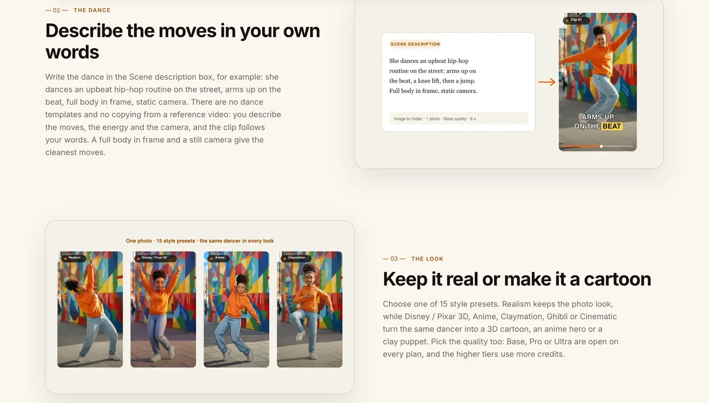 How to make AI dance videos: ClipNova's scene description box with a hip-hop routine and the clip it produced