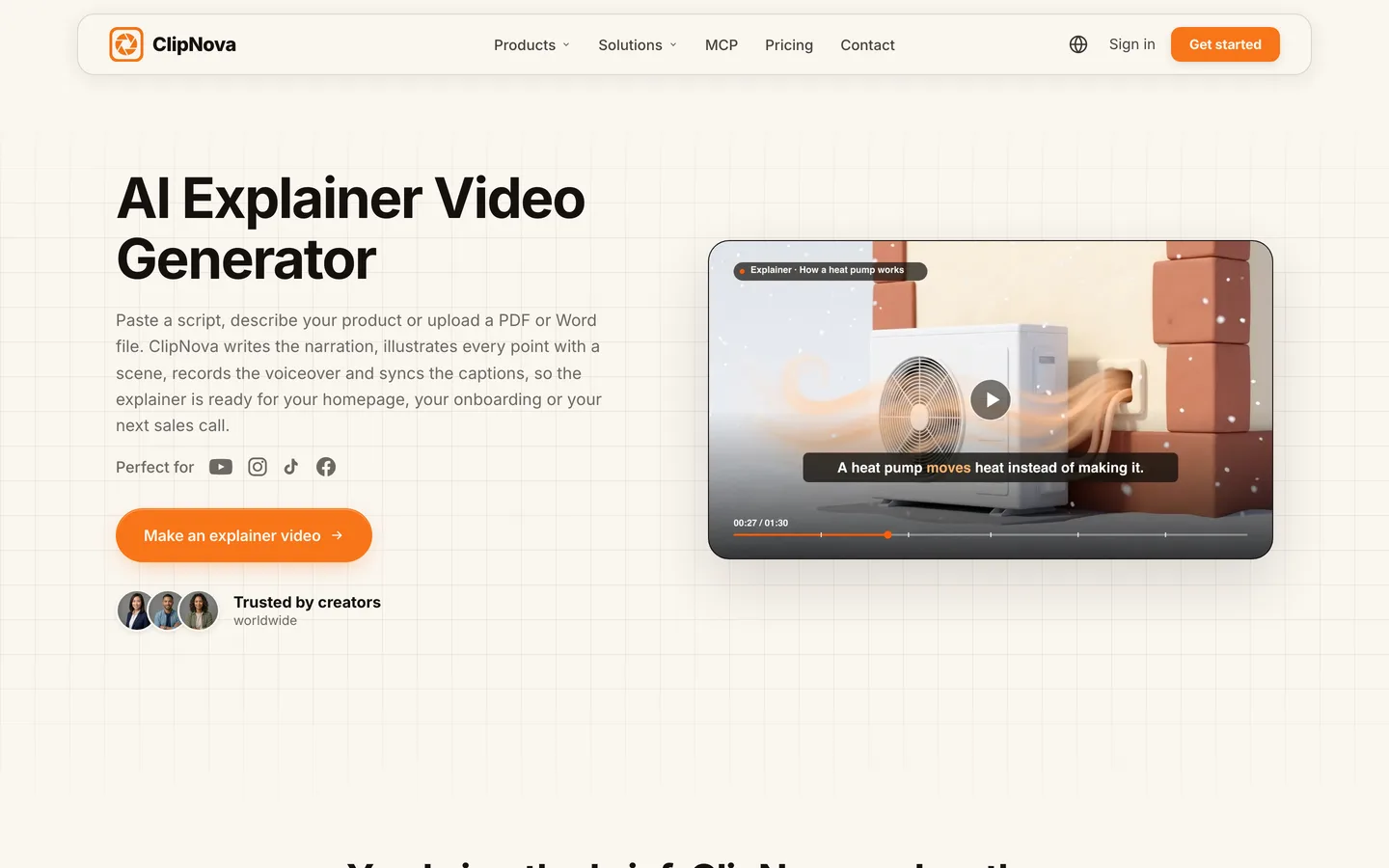 How to make AI documentary videos for YouTube: ClipNova's explainer page, where a script or document becomes a narrated video