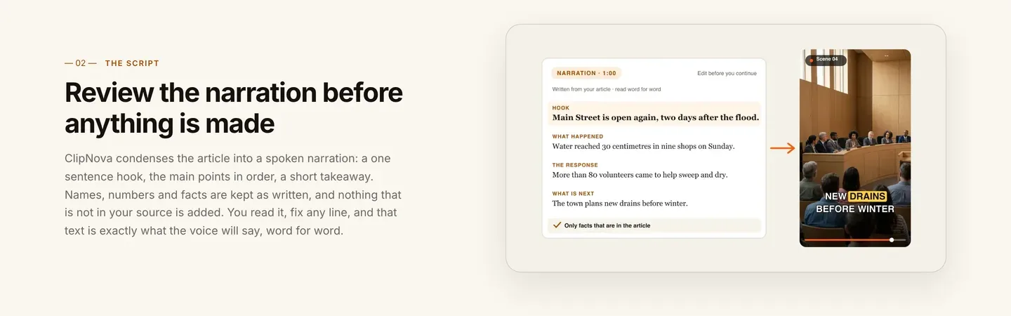 How to make AI news videos: ClipNova's narration review step, with a hook, what happened, the response and what is next