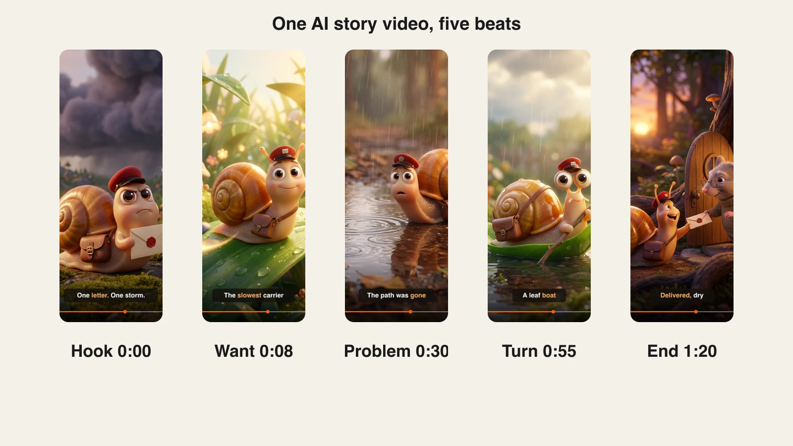 How to make AI story videos: five 3D cartoon scenes of Pip the snail for the hook, want, problem, turn and ending