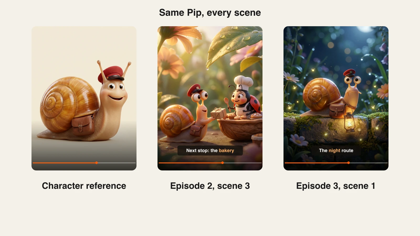 Consistent character AI story: Pip the snail as a reference image and in two later scenes with the same cap and mailbag