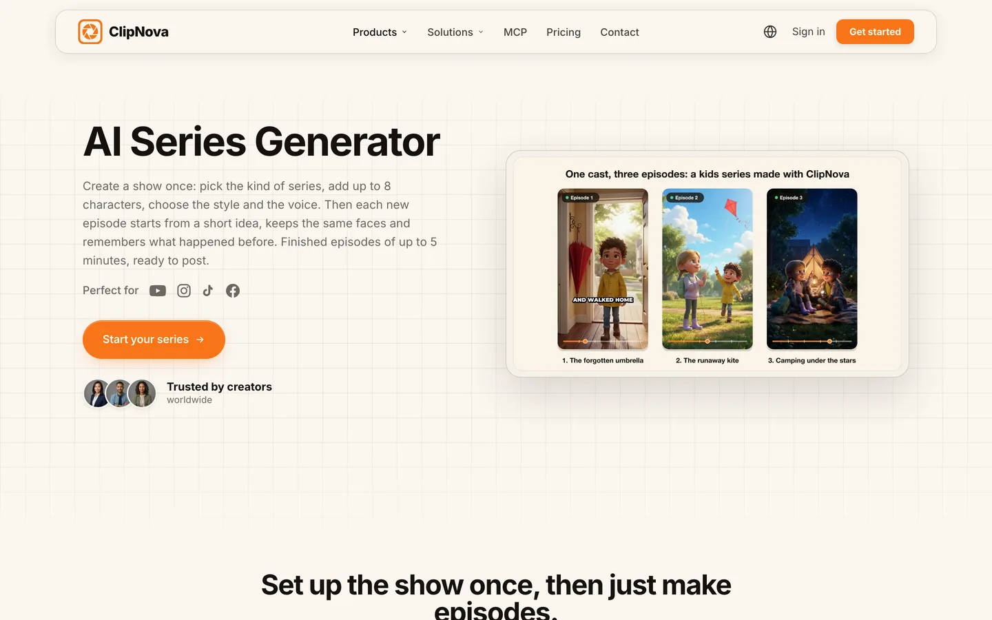 How to make AI talking baby videos: ClipNova's series page with one cast across three episodes