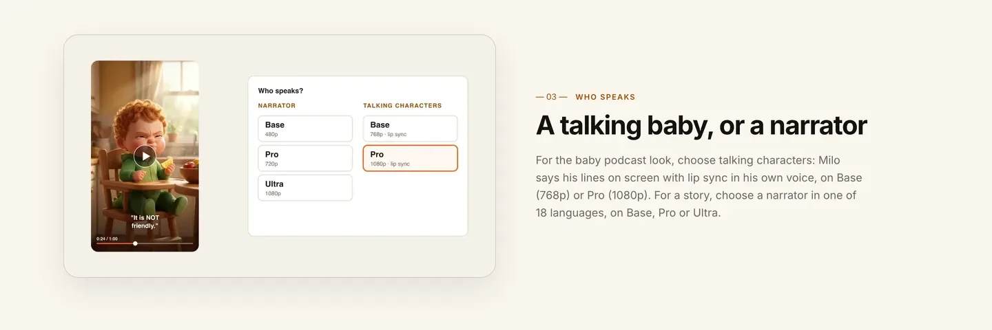 AI talking baby video settings: ClipNova's who speaks options, narrator or talking characters on Base or Pro