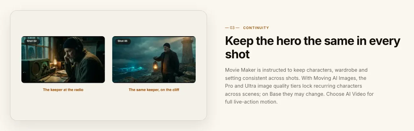 How to make an AI movie trailer: ClipNova movie trailer maker page showing the same keeper at a radio and on a cliff