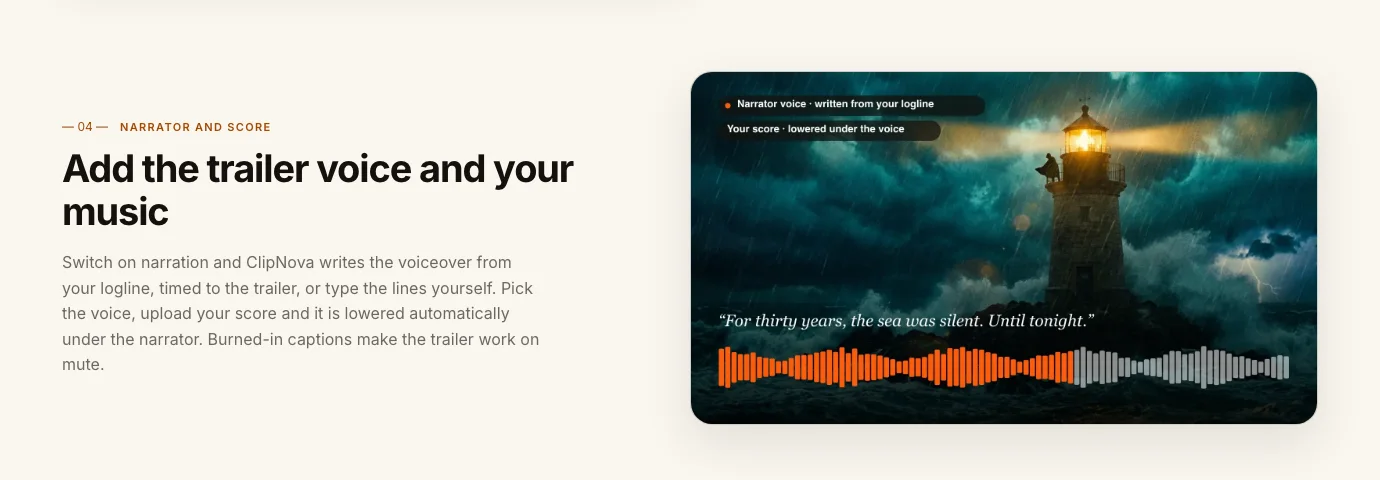 AI trailer voiceover in ClipNova: narrator written from the logline with the score lowered under the voice