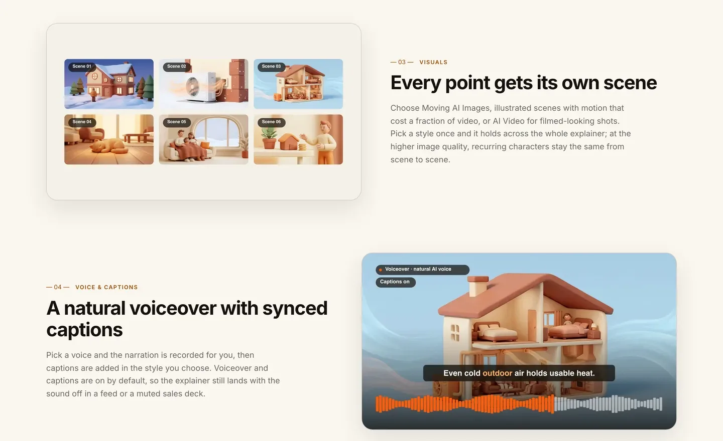How to make an explainer video with AI: ClipNova page giving every point its own scene, then a captioned voiceover