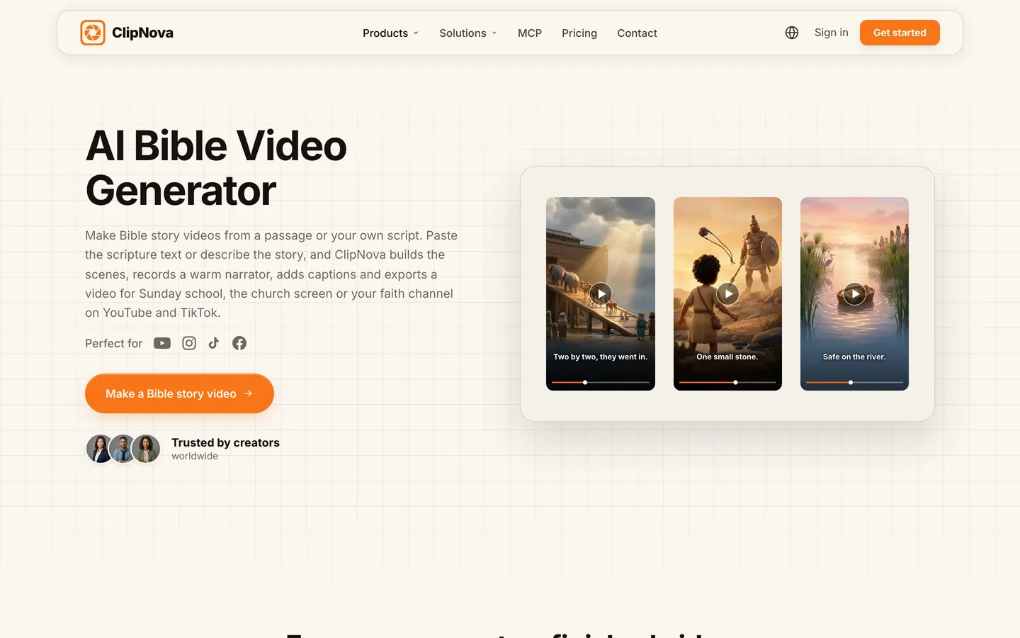 How to make Bible story videos with AI: ClipNova's AI Bible video generator page with three Bible story examples