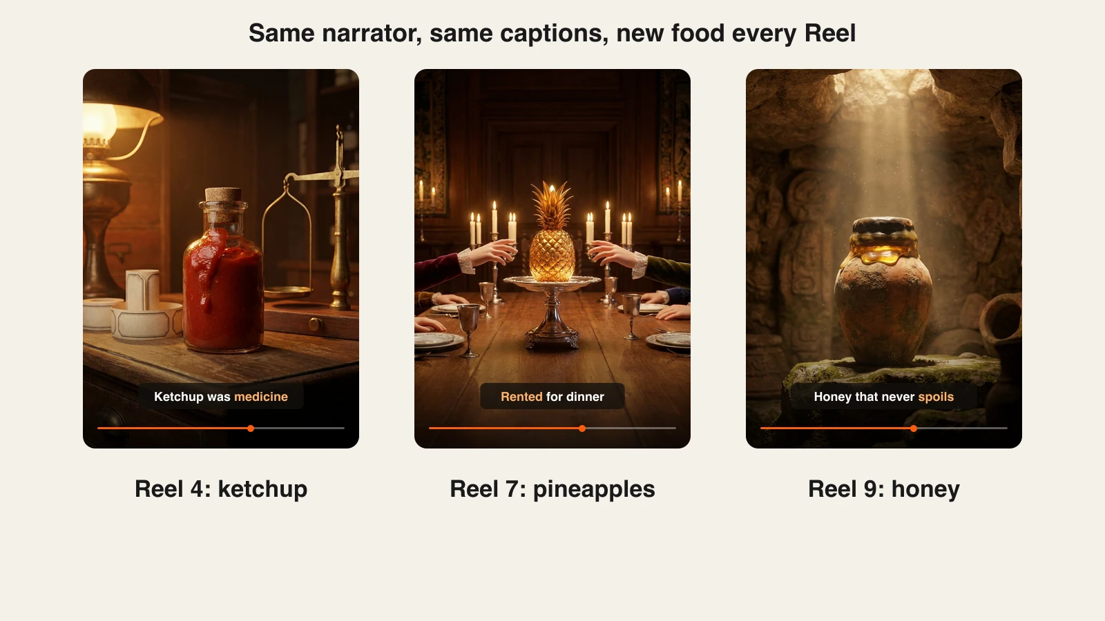 Faceless Instagram reels series: three food history Reels with the same narrator, captions and warm 3D look