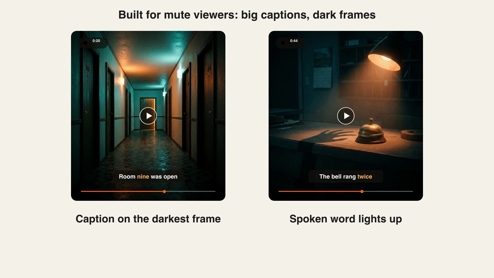 AI horror story captions: big word-by-word captions staying readable on the darkest frames of the Short