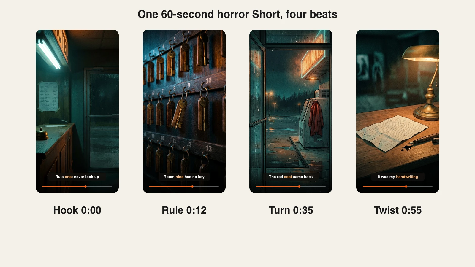How to make horror story videos with AI: four scenes for the hook, rule, turn and twist of one 60-second Short