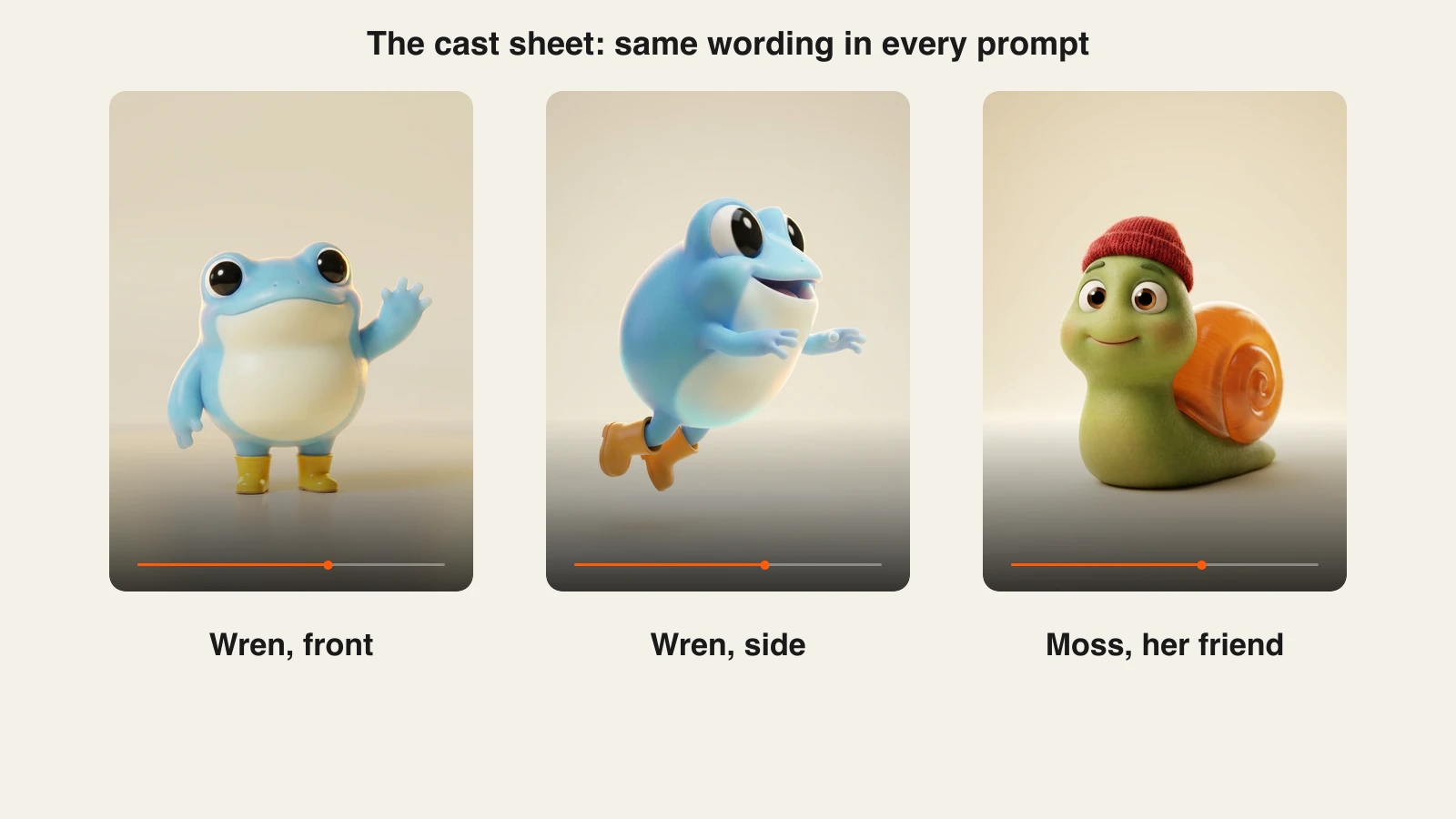 How to make kids cartoon videos for YouTube: a cast sheet of Wren the frog from the front and side, and Moss the snail