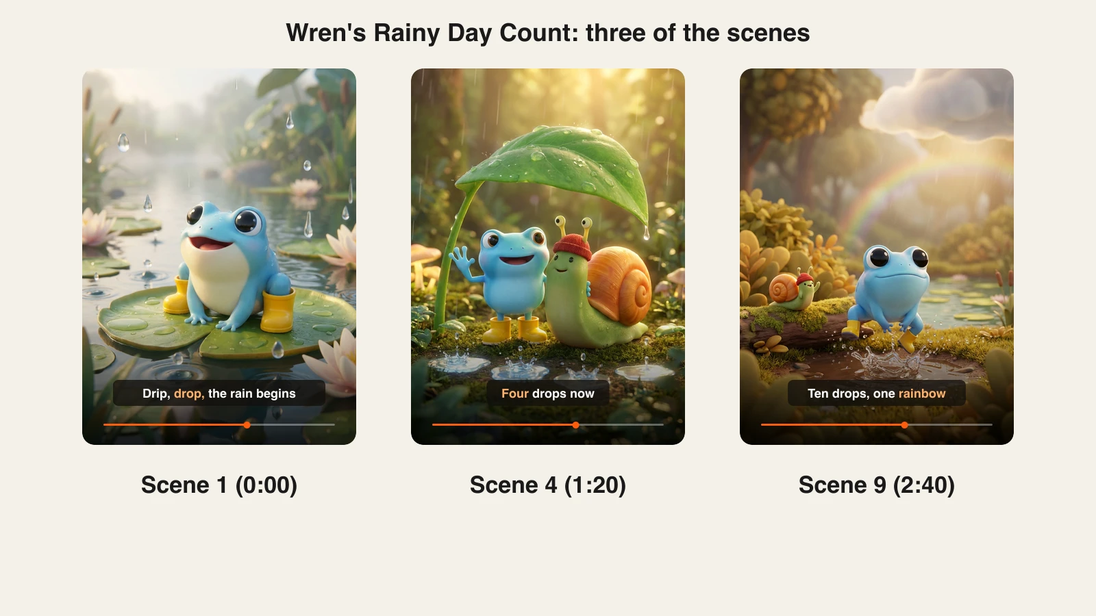 Kids cartoon episode made with AI: three scenes of Wren's Rainy Day Count with word-by-word captions
