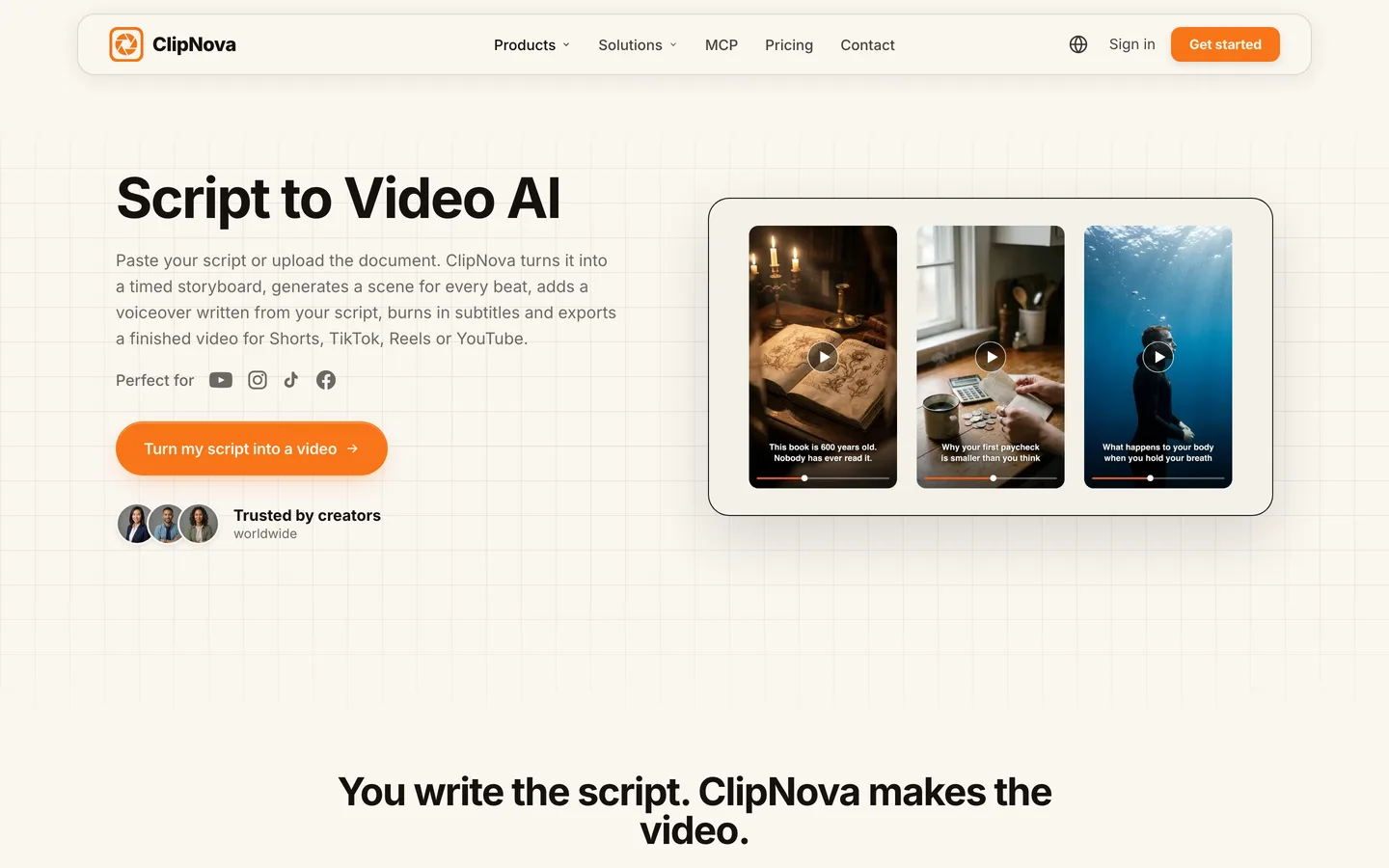 How to make long videos with AI: ClipNova's script to video page, where a pasted script becomes a timed storyboard