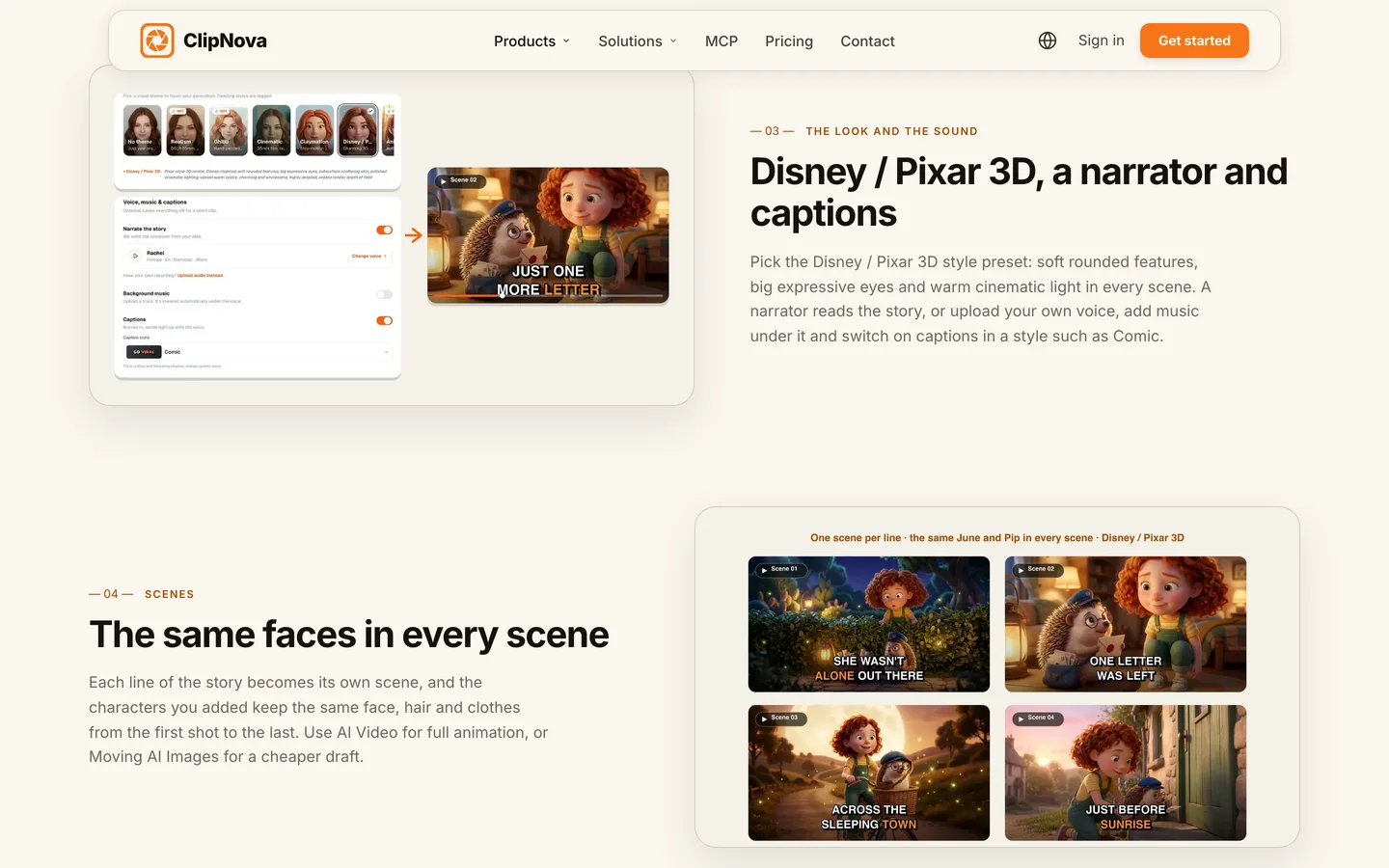 Pixar-style videos with AI: ClipNova's look-and-sound step with the Disney / Pixar 3D preset, narrator and Comic captions