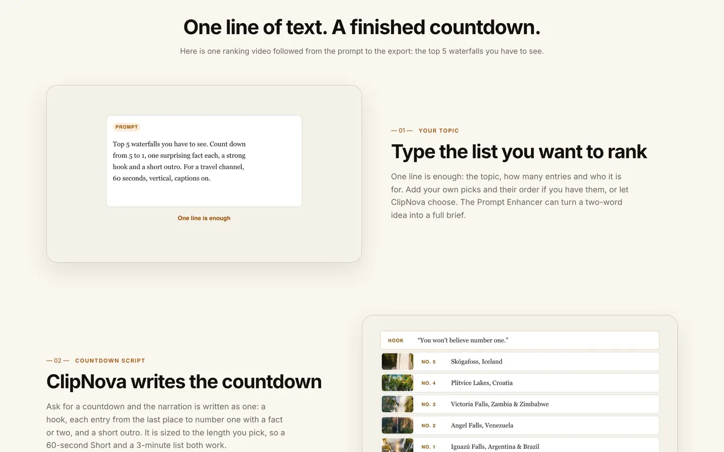 Ranking video with AI in ClipNova: a one-line prompt for a top 5 list and the countdown script it becomes