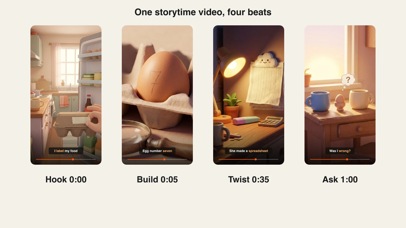 How to make Reddit story videos: four AI scenes for the hook, build-up, twist and question of one 70-second storytime