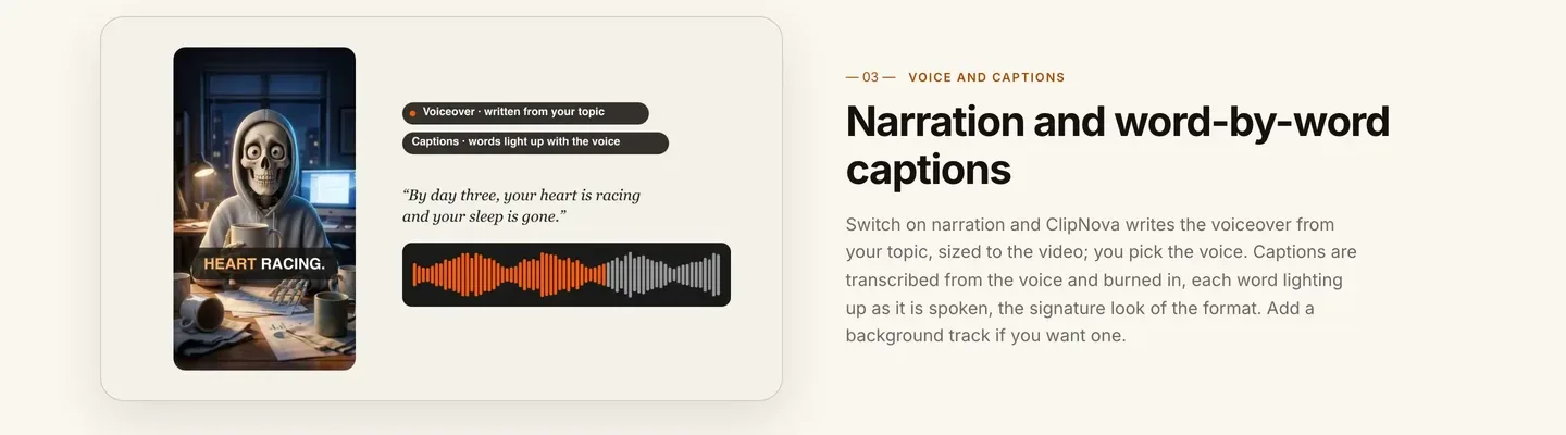 Skeleton shorts with AI: ClipNova's voice and captions step, a highlighted caption and a narration waveform