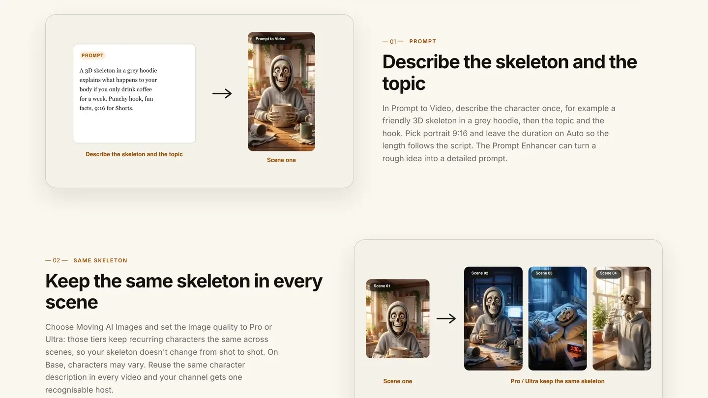 How to make skeleton shorts with AI: ClipNova's prompt card, first scene and the same skeleton in four scenes