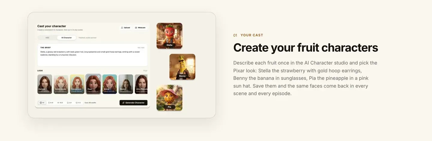 How to make talking fruit videos with AI: ClipNova AI Character studio with a fruit brief and saved fruit cast