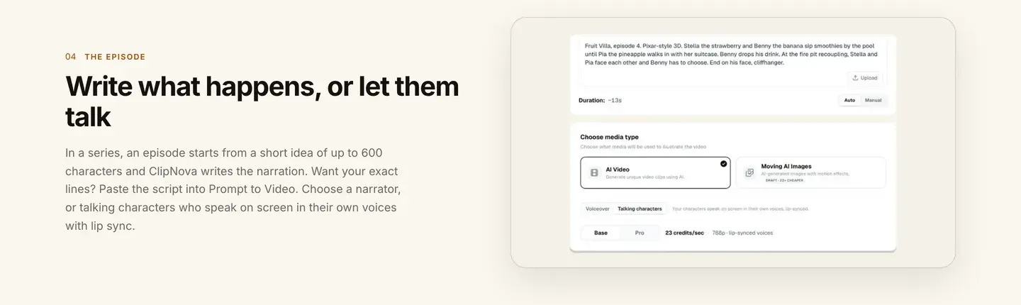 Talking fruit AI videos in ClipNova: Prompt to Video with AI Video and the talking characters option