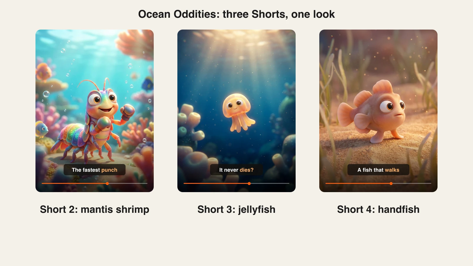 Making YouTube Shorts with AI in a series: three Ocean Oddities Shorts with the same 3D cartoon look and captions