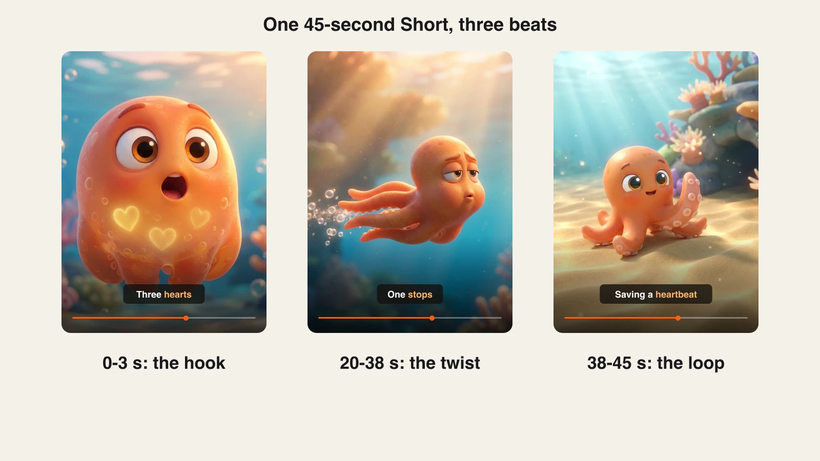 How to make YouTube Shorts with AI: hook, twist and loop frames from the octopus Short made with ClipNova