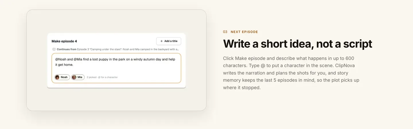 How to plan an AI series season: ClipNova's Make episode box with a short idea and two characters picked with @